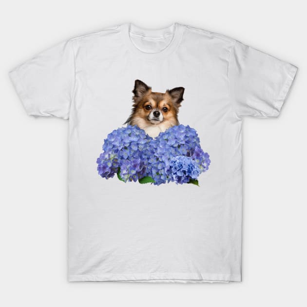 Chihuahua between blue hydrangea Flowers T-Shirt by Move-Art